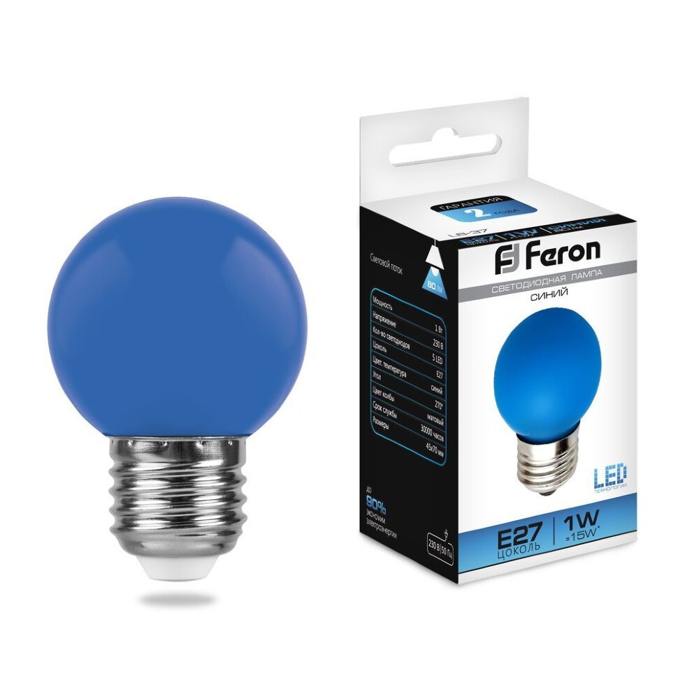 Купить Лампа светодиодная Feron LB-37 Шарик E27 1W Синий в интернет-магазине электрики в Москве Альт-Электро