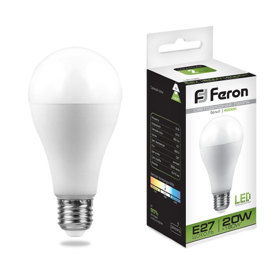 Купить Лампа светодиодная Feron LB-98 Шар E27 20W 4000K в интернет-магазине электрики в Москве Альт-Электро