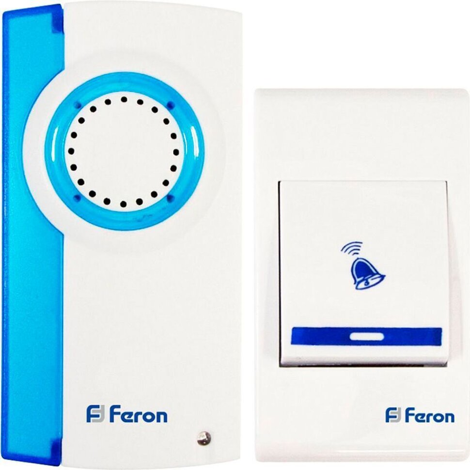 Купить Звонок дверной беспроводной Feron Е-221  Электрический 32 мелодии белый синий с питанием от батареек в интернет-магазине электрики в Москве Альт-Электро