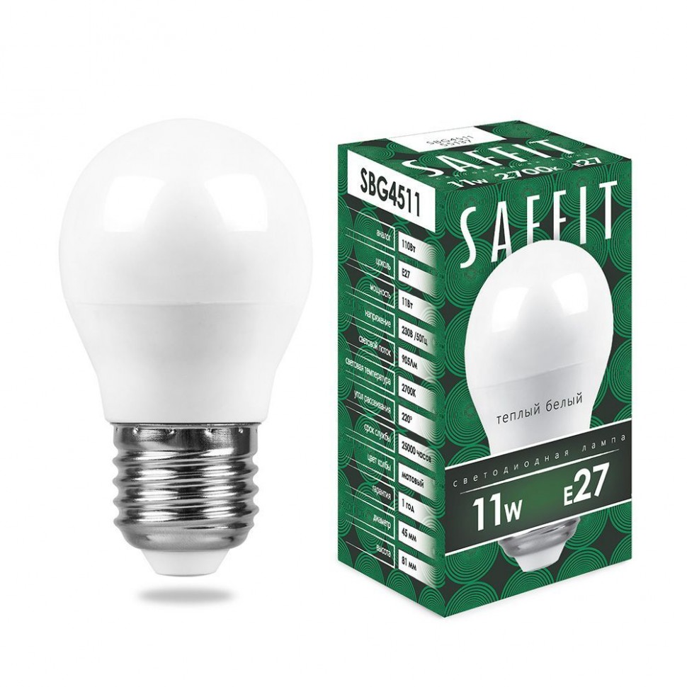 Купить Лампа светодиодная SAFFIT SBG4511 Шарик E27 11W 2700K в интернет-магазине электрики в Москве Альт-Электро