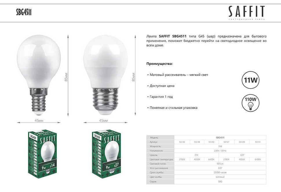 Купить Лампа светодиодная SAFFIT SBG4511 Шарик E27 11W 2700K в интернет-магазине электрики в Москве Альт-Электро
