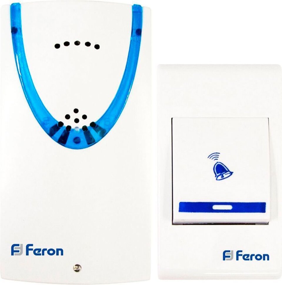 Купить Звонок дверной беспроводной Feron Е-222  Электрический 32 мелодии белый синий с питанием от батареек в интернет-магазине электрики в Москве Альт-Электро