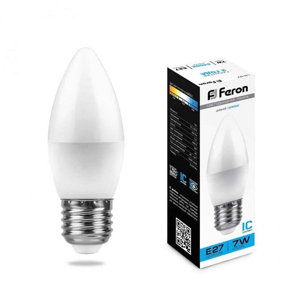 Купить Лампа светодиодная Feron LB-97 Свеча E27 7W 6400K в интернет-магазине электрики в Москве Альт-Электро