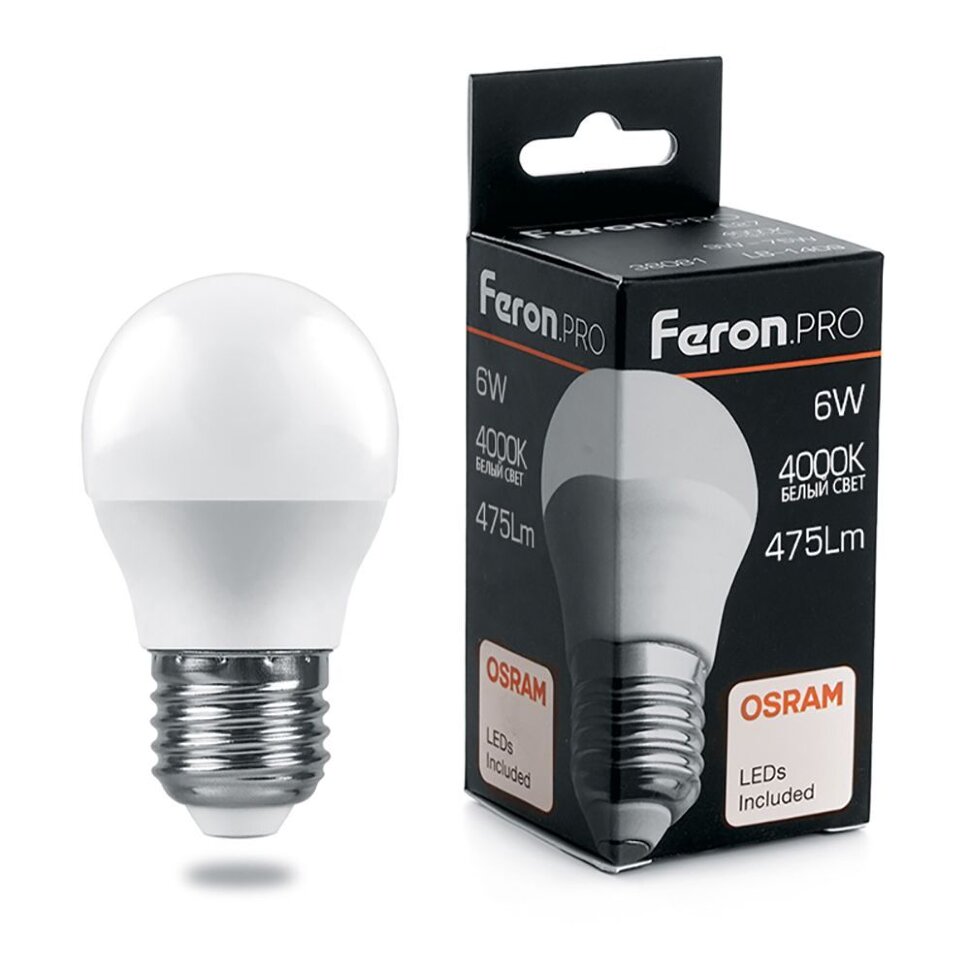 Купить Лампа светодиодная Feron.PRO LB-1406 Шарик E27 6W 4000K в интернет-магазине электрики в Москве Альт-Электро