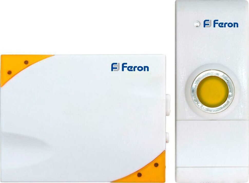 Купить Звонок дверной беспроводной Feron Е-369  Электрический 35 мелодий белый желтый с питанием от батареек в интернет-магазине электрики в Москве Альт-Электро