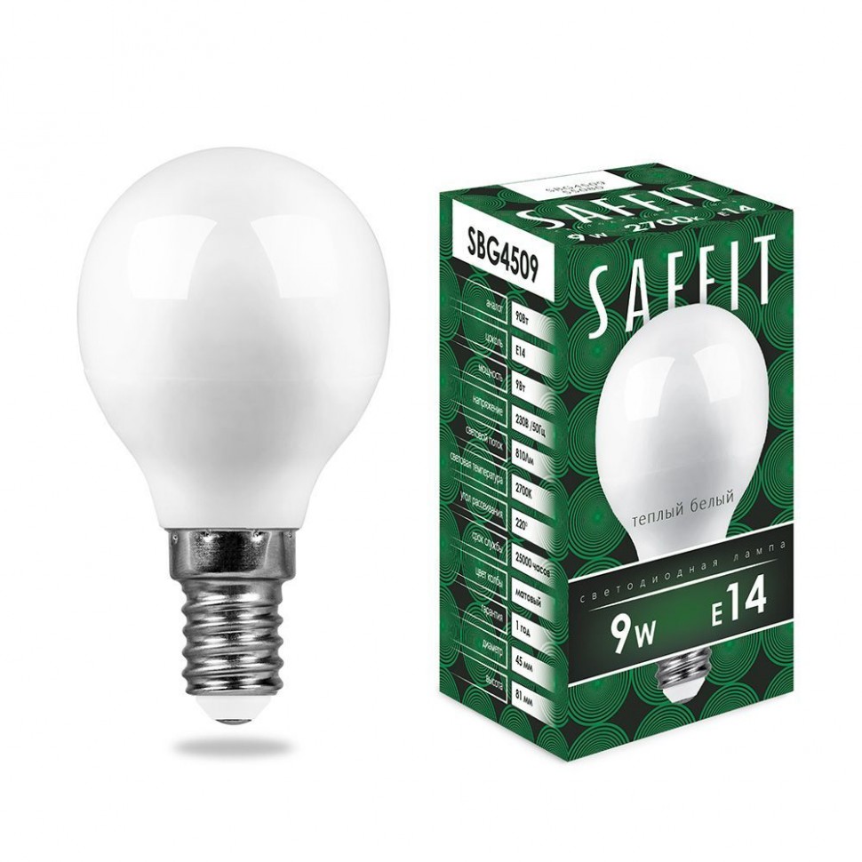 Купить Лампа светодиодная SAFFIT SBG4509 Шарик E14 9W 2700K в интернет-магазине электрики в Москве Альт-Электро