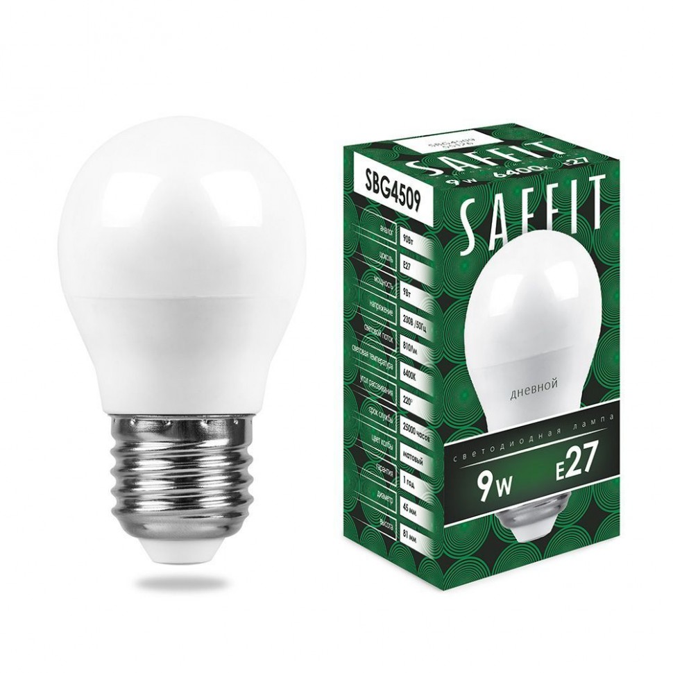 Купить Лампа светодиодная SAFFIT SBG4509 Шарик E27 9W 6400K в интернет-магазине электрики в Москве Альт-Электро