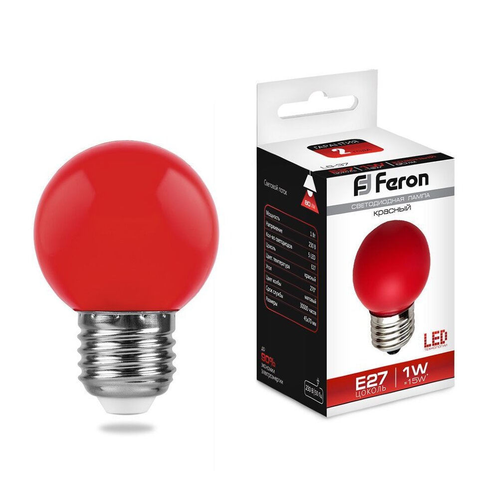 Купить Лампа светодиодная Feron LB-37 Шарик E27 1W Красный в интернет-магазине электрики в Москве Альт-Электро