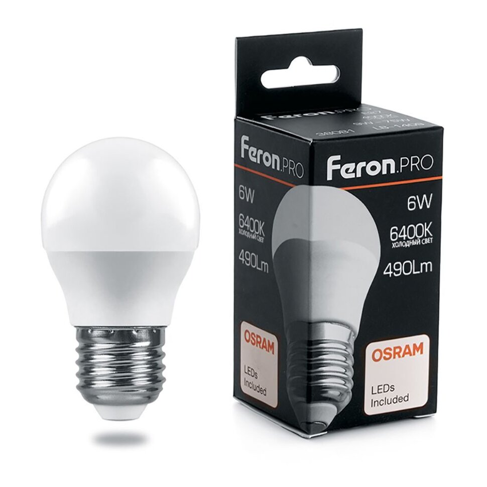 Купить Лампа светодиодная Feron.PRO LB-1406 Шарик E27 6W 6400K в интернет-магазине электрики в Москве Альт-Электро