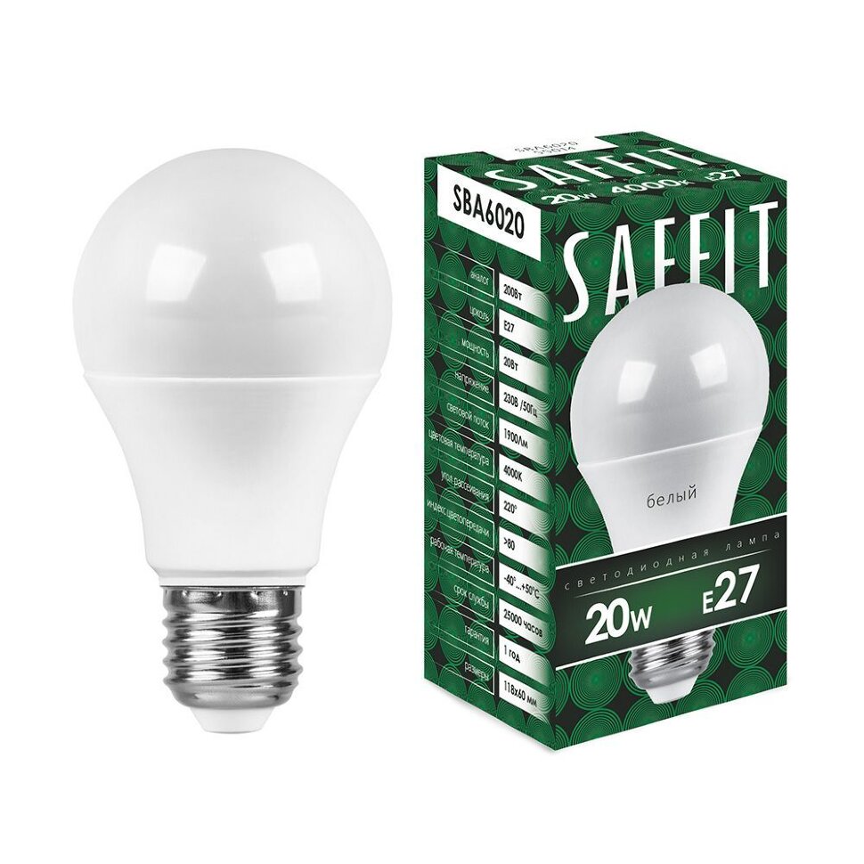 Купить Лампа светодиодная SAFFIT SBA6020 Шар E27 20W 4000K в интернет-магазине электрики в Москве Альт-Электро