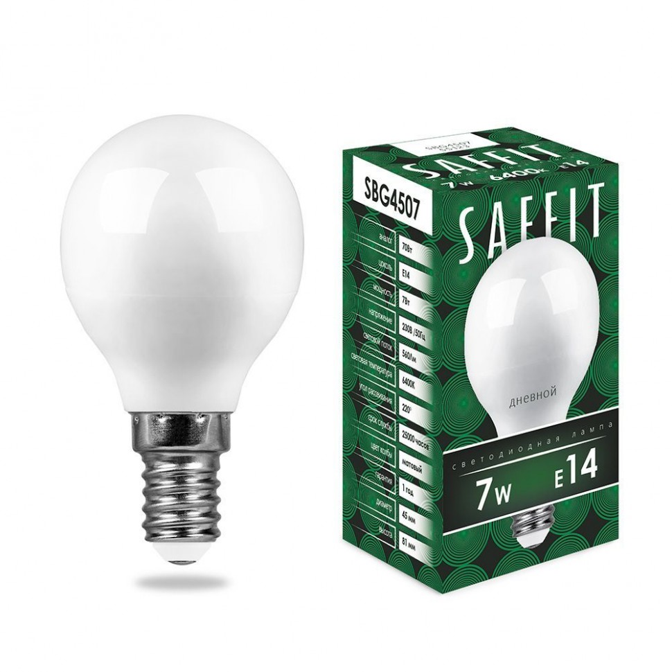 Купить Лампа светодиодная SAFFIT SBG4507 Шарик E14 7W 6400K в интернет-магазине электрики в Москве Альт-Электро