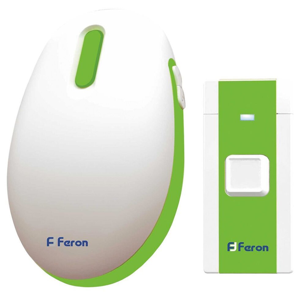 Купить Звонок дверной беспроводной Feron E-375 Электрический 36 мелодии белый зеленый с питанием от батареек в интернет-магазине электрики в Москве Альт-Электро