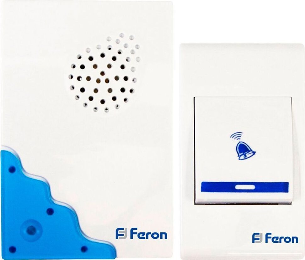 Купить Звонок дверной беспроводной Feron Е-223  Электрический 32 мелодии белый синий с питанием от батареек в интернет-магазине электрики в Москве Альт-Электро